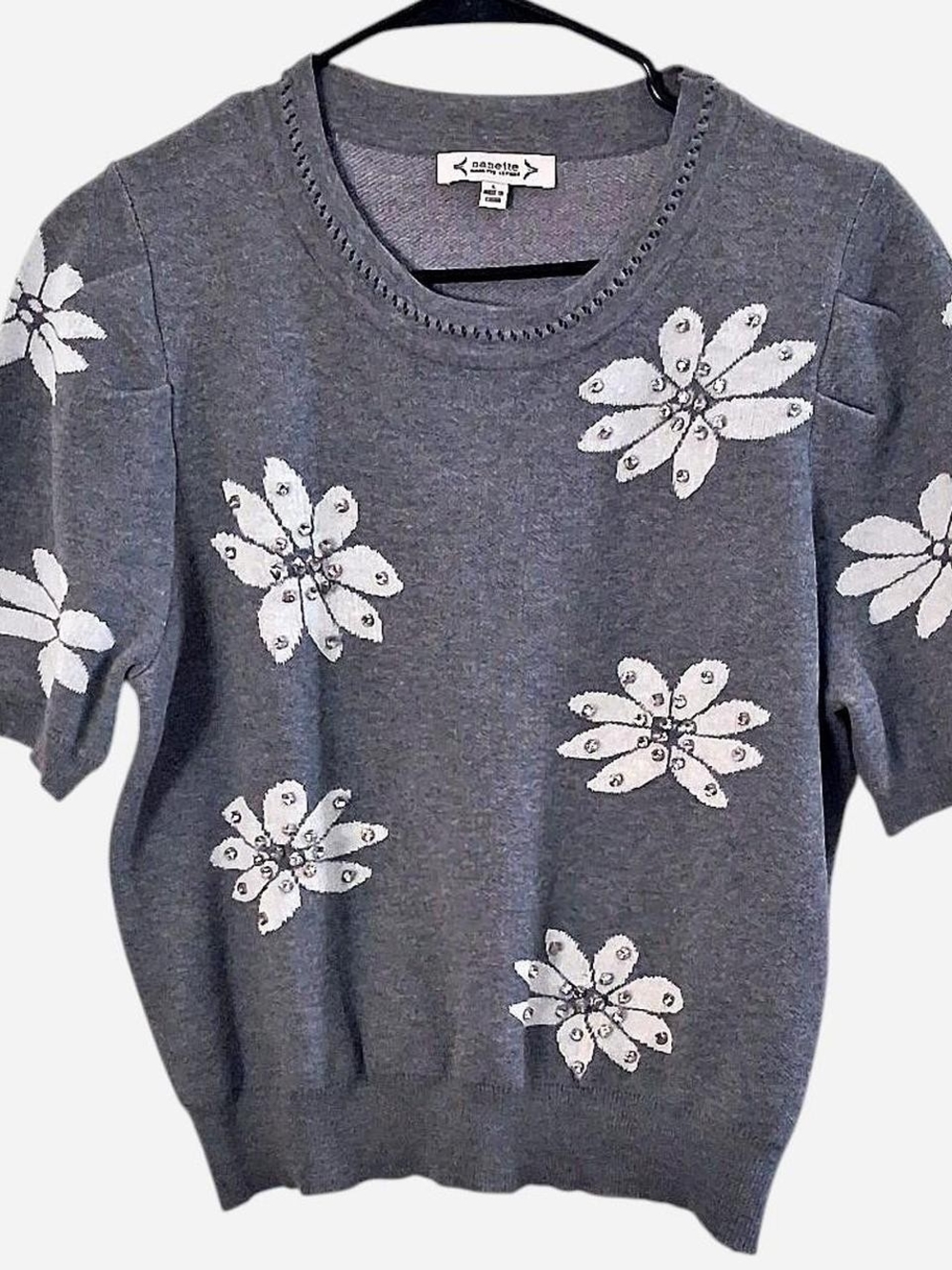 Nannette Gray Short-Sleeve Crewneck Sweater with White Sequin Floral Appliques